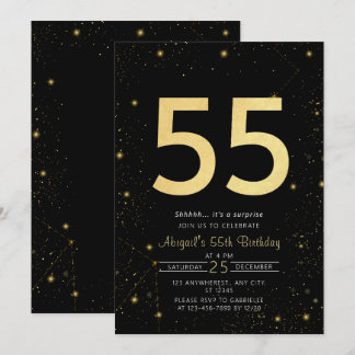 Galaxy Modern Black and Gold 55. Geburtstagsparty Einladung