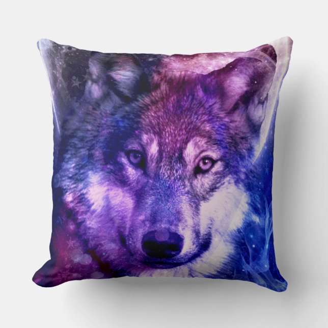 Galaxy Mystical Wolf-Gesicht mit Vollmond Kissen (Vorderseite)