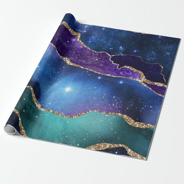 Galaxy Pink Blue Lila Agate Imitate Gold Glitzer Geschenkpapier (Ungerollt)
