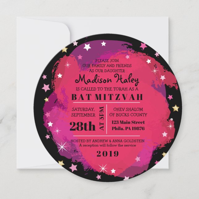 GALAXY Pink Gold Stars Bar Bat Mitzvah Einladung (Vorderseite)