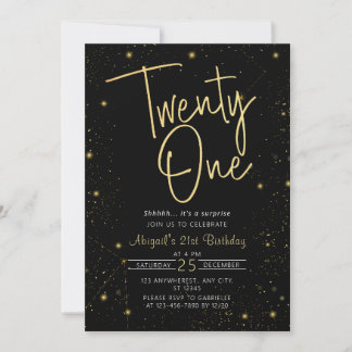 Galaxy Script Black und Gold 21. Geburtstag Party Einladung