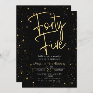 Galaxy Script Black und Gold 45. Geburtstagsparty Einladung