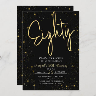 Galaxy Script Black und Gold 80. Geburtstagsparty Einladung