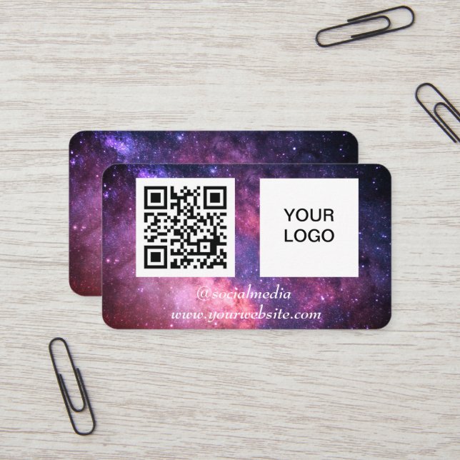 Galaxy Space Social Media QR Code Lila modern Visitenkarte (Vorderseite/Rückseite Beispiel)
