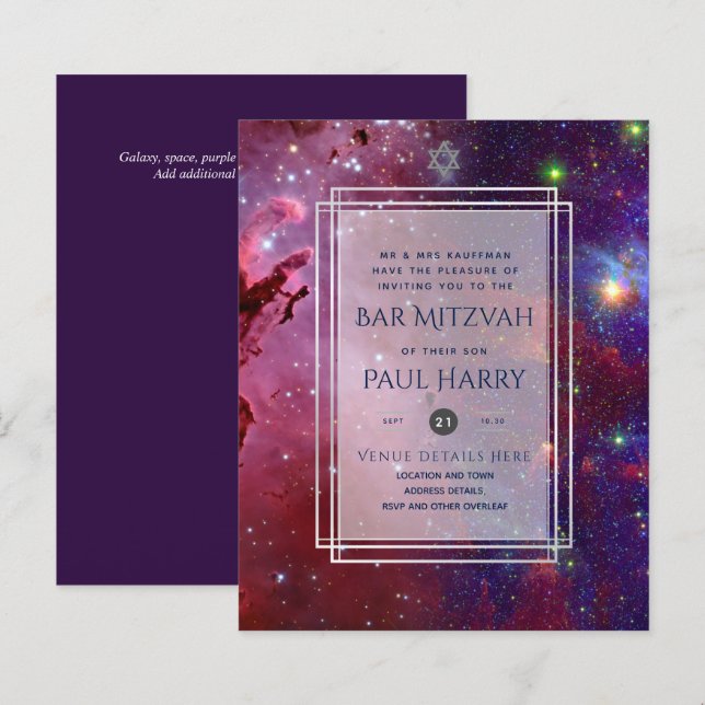 Galaxy Starry Night BAR MITZVAH Einladungen Marine (Vorne/Hinten)
