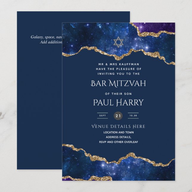 Galaxy Starry Night BAR MITZVAH Einladungen Marine (Vorne/Hinten)