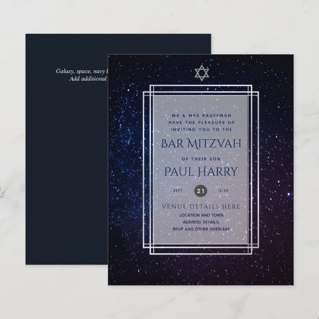 Galaxy Starry Night BAR MITZVAH Einladungen Marine (Vorne/Hinten)