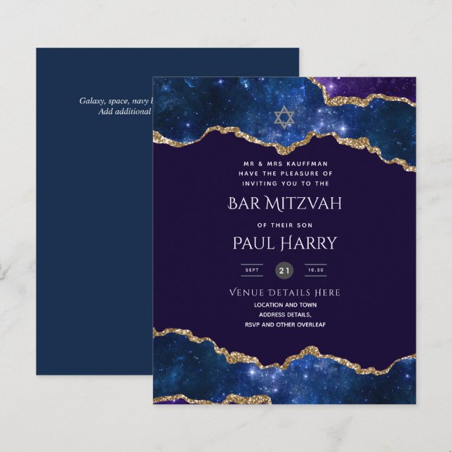 Galaxy Starry Night BAR MITZVAH Einladungen Marine (Vorne/Hinten)