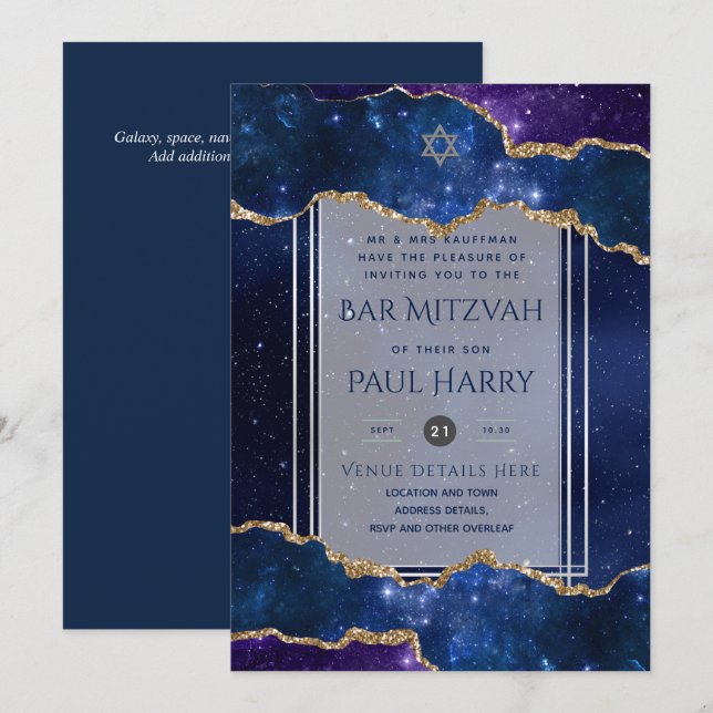 Galaxy Starry Night BAR MITZVAH Invitations Marine (Devant / Derrière)