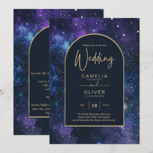 Galaxy Starry Night Lila Blue Gold Wedding Einladung