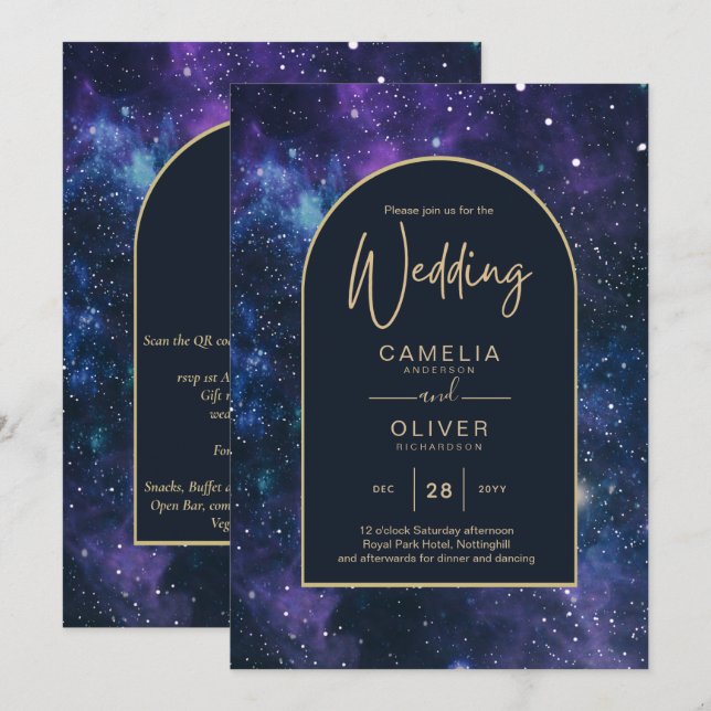 Galaxy Starry Night Lila Blue Gold Wedding Einladung (Vorne/Hinten)