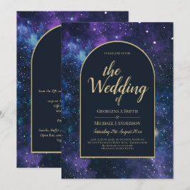 Galaxy Starry Night Lila Blue Gold Wedding Einladung