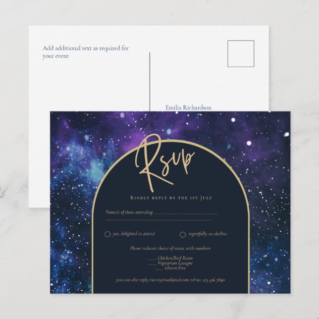 Galaxy Starry Night Lila Blue Gold Wedding RSVP Postkarte (Vorne/Hinten)