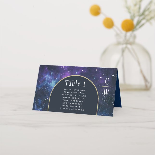 Galaxy Starry Night Lila Blue Wedding Platzkarte (Vorderseite)
