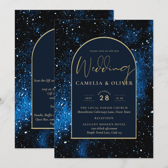 Galaxy Starry Night Navy Blue Gold Hochzeit Einladung (Vorne/Hinten)