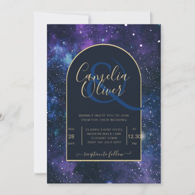 Galaxy Starry Night Navy Blue Gold Hochzeit Einladung (Vorderseite)