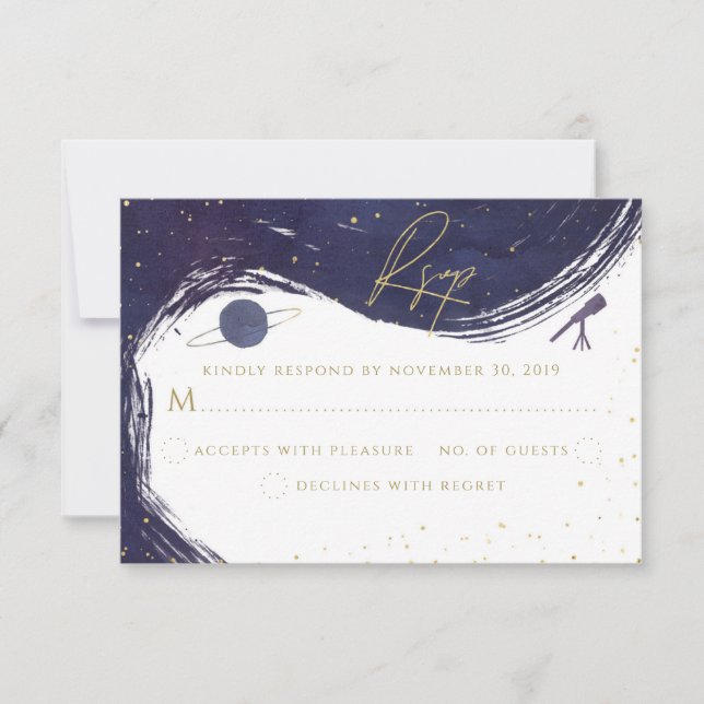 Galaxy Starry Night Sky Blue Lila Gold Wedding RSVP Karte (Vorderseite)
