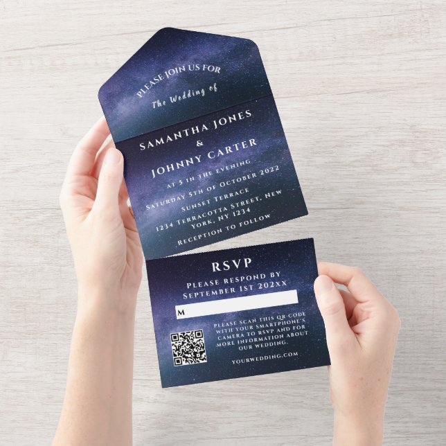 Galaxy Starry Night Sky Universe Hochzeitsnebel All In One Einladung (Abreißen)