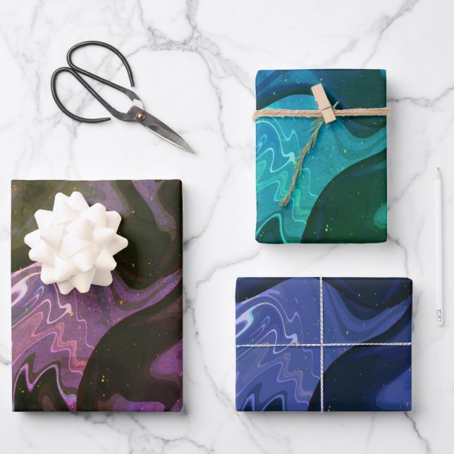 Galaxy Swirl Blauer Glitzer Abstraktes kosmisches  Geschenkpapier Set (Vorderseite)