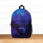 Galaxy Weltraum Universum/ Name Kinder Bedruckter Rucksack<br><div class="desc">Dieses lustige Kinder-Rucksack-Design bietet eine Aquarellbilder des Weltraums in dunkelblauen,  lila und zyanfarbenen Tönen. Sie können es mit dem Namen Ihres Kindes auf der Vorderseite anpassen. Wenn Sie es vorziehen,  keinen Namen einzufügen,  löschen Sie diesen Text einfach. Es ist ein cool modernes Design für Kinder und sogar Erwachsene!</div>