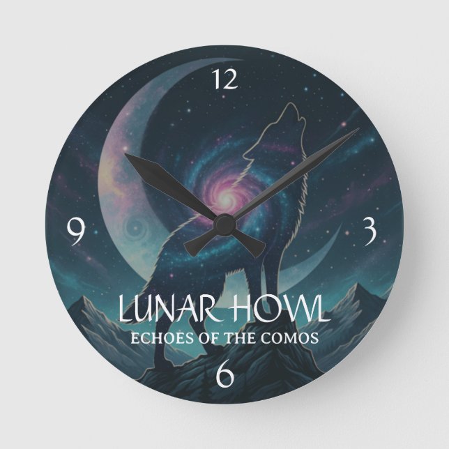 Galaxy Wolf Silhouette with Mystical Nebula Moon - Runde Wanduhr (Vorderseite)