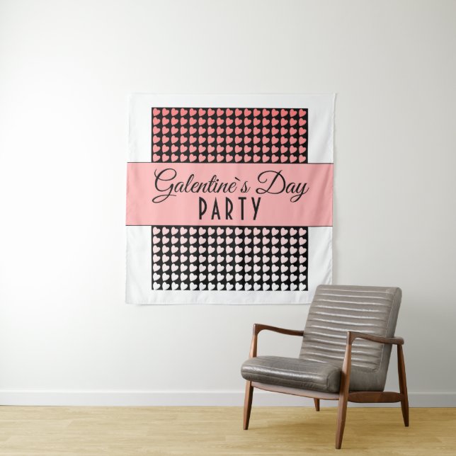 Galentine Day Party Rosa Schwarzes Herzmuster Wandteppich (Beispiel)