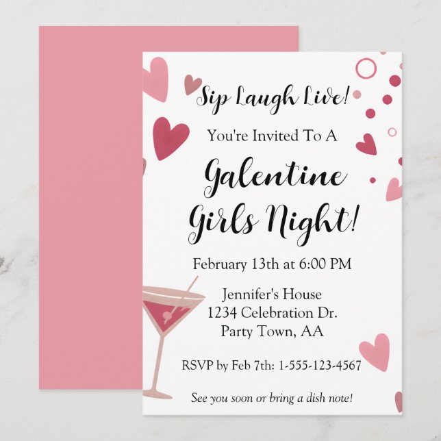 Galentine Girls Night Out Martini Pink Einladung (Vorne/Hinten)