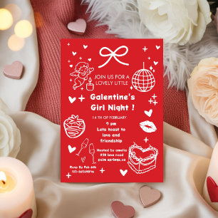 Galentine-Party, Nacht Valentinstag rote Kritzelei Einladung