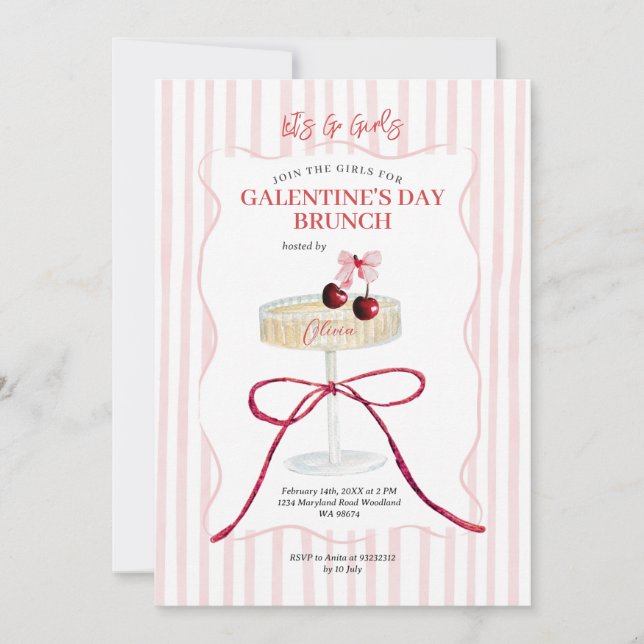 Galentine’s Day Brunch Cherry Champagne Einladung (Vorderseite)