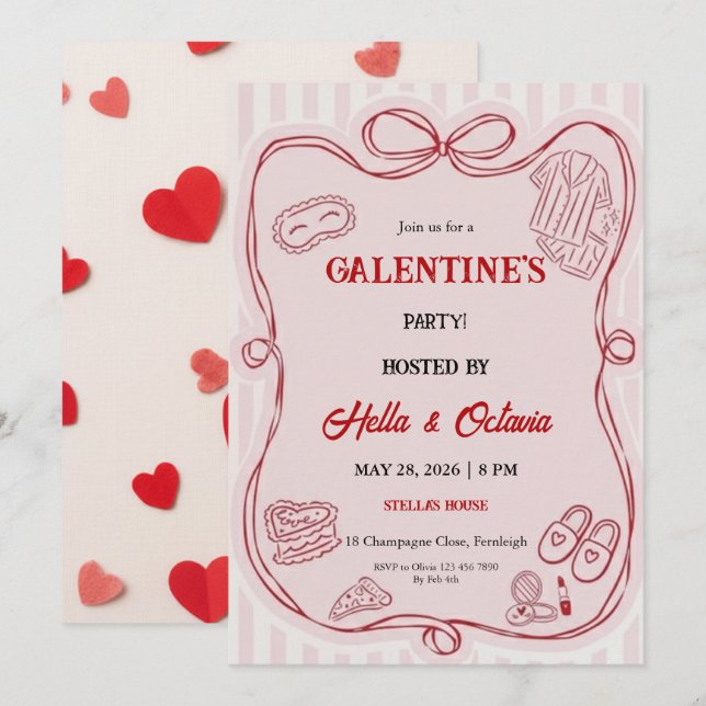 Galentine’s Party Invitation Printable, Pink & Red (Devant / Derrière)