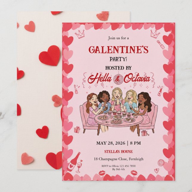 Galentine’s Party Invitation Printable, Pink & Red (Devant / Derrière)