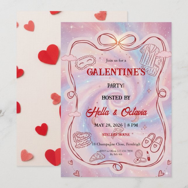 Galentine’s Party Invitation Printable, Pink & Red (Devant / Derrière)