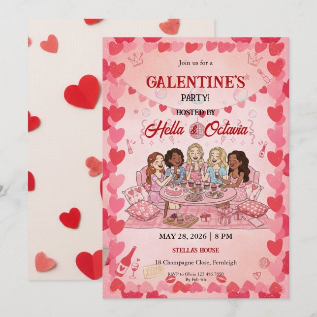 Galentine’s Party Invitation Printable, Pink & Red (Devant / Derrière)