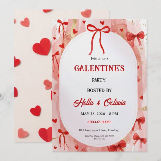 Galentine’s Party Invitation Printable, Pink & Red (Devant / Derrière)