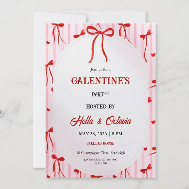 Galentine’s Party Invitation Printable, Pink & Red Einladung (Vorderseite)