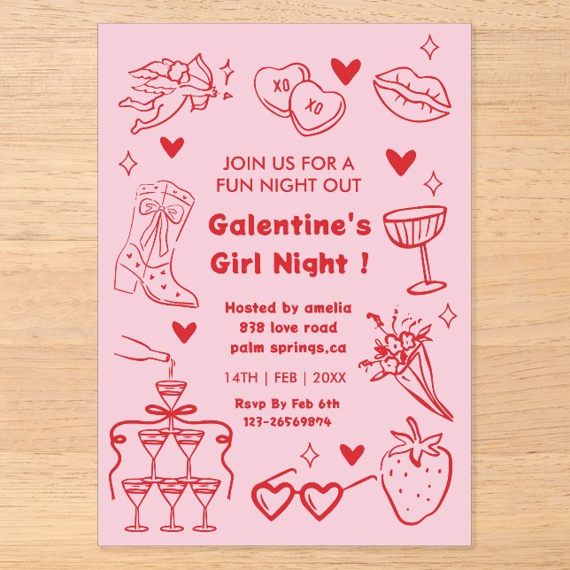 Galentine’s Party, Night Valentine Hand Drawn  Acryleinladungen (Vorderseite)