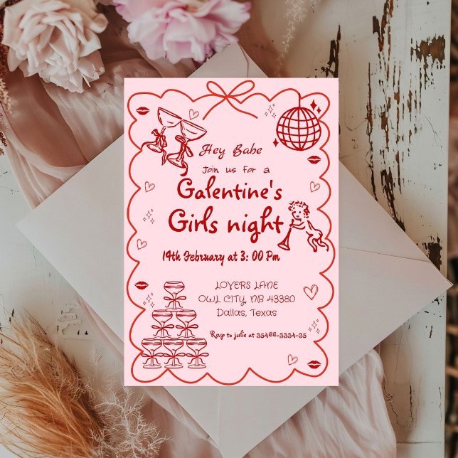 Galentiner Tag Handgezeichnete Rosa Girls Einladung (Von Creator hochgeladen)
