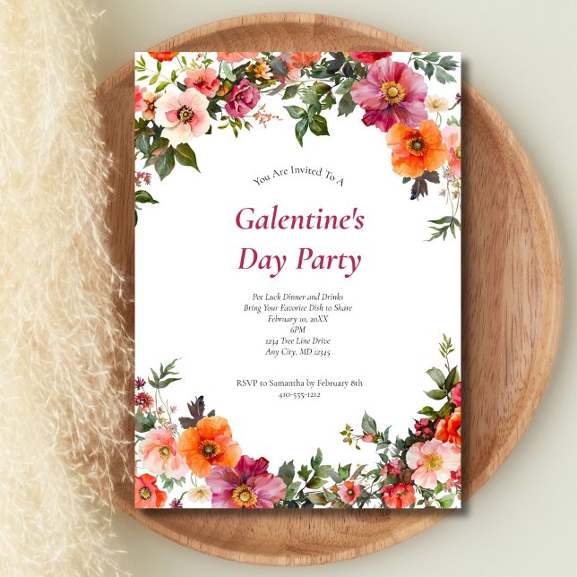Galentiner Valentinstag Einladung in rosa rote Flo (Galentine's Day Valentine's Day Pink Red Watercolor Floral Party invitation, Printed or Digitial)