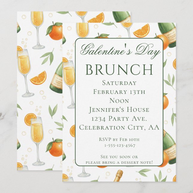 Galentines Day Brunch Mimosas Elegant Einladung (Vorne/Hinten)