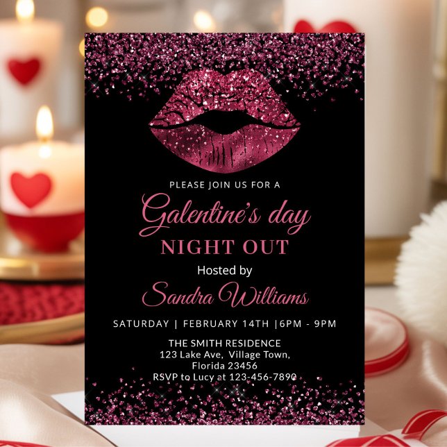Galentine's Day Night Out Burgundy Lipstick Einladung (Burgundy Glitter Lipstick Galentine's day party invitation)
