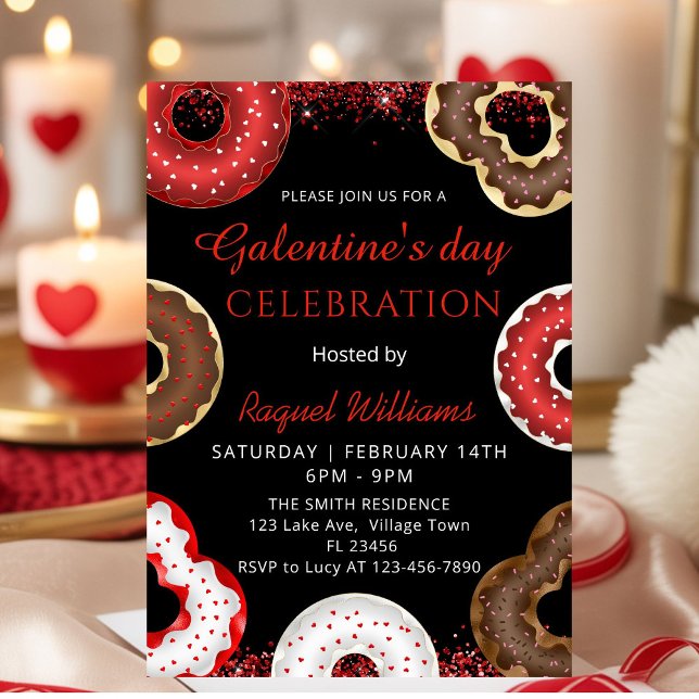 Galentine's Day Party Donuts Einladung (Red Glitter Galentine's Day Brunch Donuts Invitation)