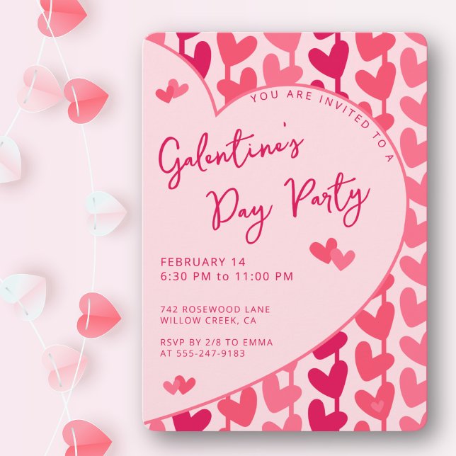 Galentine's Day Party Red Pink Hearts Modern  Einladung (Bold pink & red for the perfect girls’ night. Fully customizable party details.)