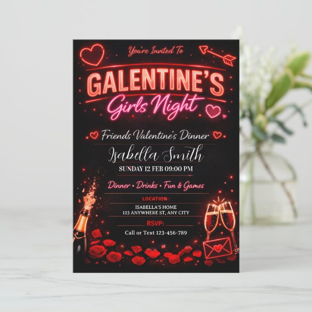 Galentine's Mädchenabend, Freunde Valentins Dinner Einladung (Stehend Vorderseite)