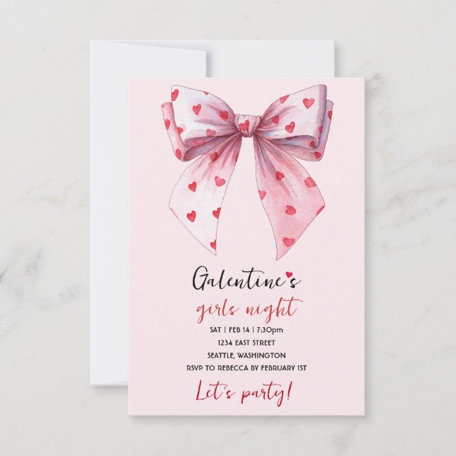 Galentines Pink Bow Party Invitation  RSVP Karte (Vorderseite)