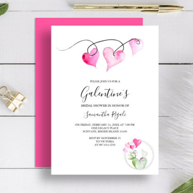 Galentines Themed Brautparty Einladung (Bridal shower invitation for Valentine's Day features watercolor pink hearts and cactus Victoria )