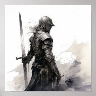 Gallant Knight in Action - Schwarz und Weiß auffal Poster