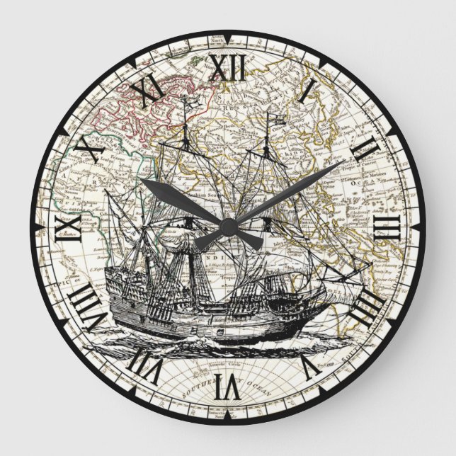 Galleon Sailing Ship~1789 Eastern Hemisphäre Map~  Große Wanduhr (Vorderseite)