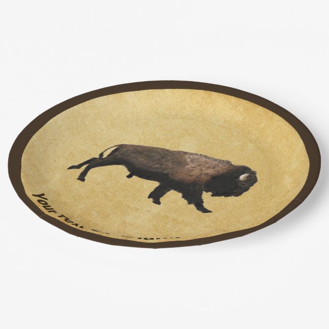 Galloping Bison auf altes Papier Pappteller (Schrägansicht)
