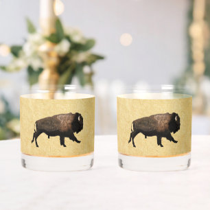 Galloping Bison auf altes Papier Whiskyglas