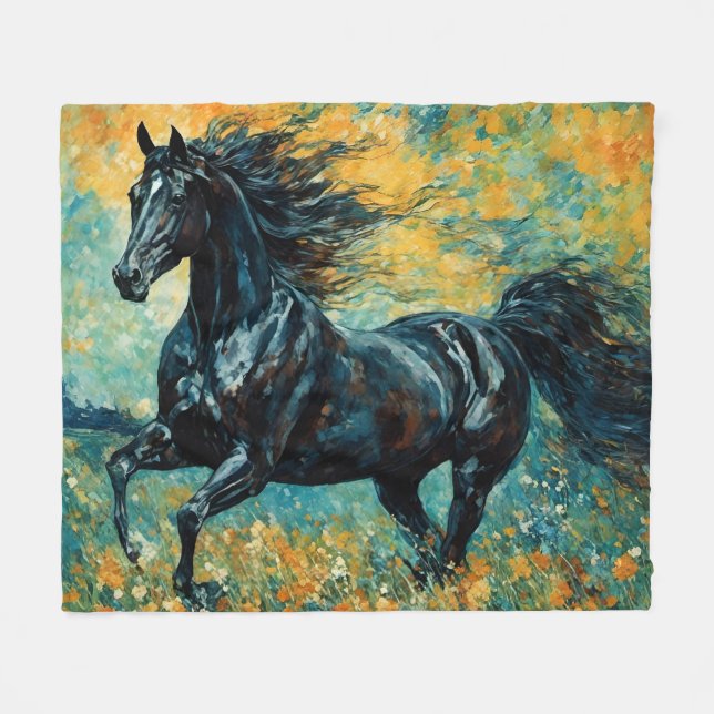 Galloping Black Stallion Fleecedecke (Vorderseite (Horizontal))